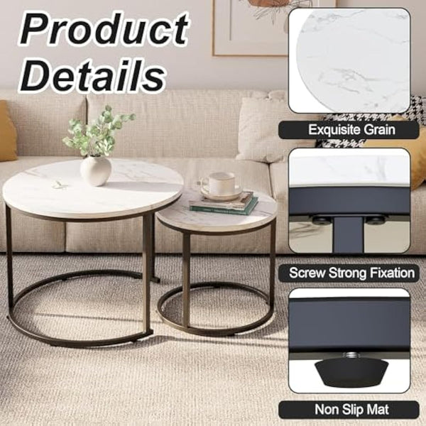 Huhote Round Coffee Tables, Set of 2 End Table, Nesting Tables, Side Table with Metal Frame for Living Room/Bedroom/Balcony/Office/Apartment, Diameter 23.6/15.7 IN (Black Frame, White Marble Top)