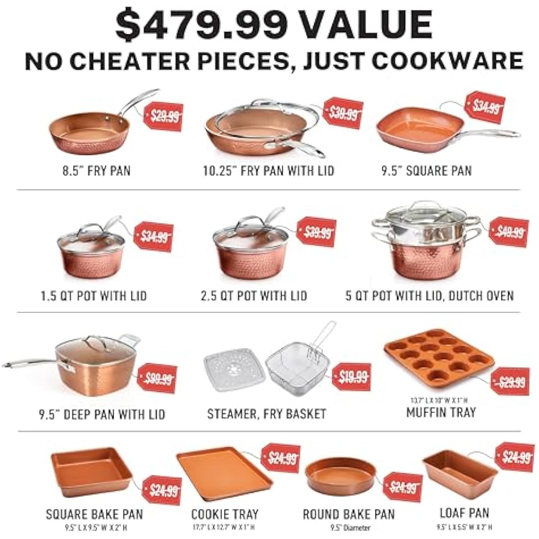 Gotham Steel Hammered Copper Collection – 20 Piece Premium Cookware and Bakeware Set with Nonstick Copper Coating, Includes Skillets, Stock Pots