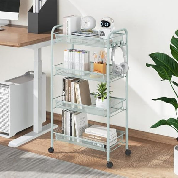 APEXCHASER 4-Tier Rolling Cart,Easy Assemble Mobile Storage Trolley On Wheels,Slide Out Utility Cart Shelving Units Kitchen Bathroom Laundry Room,Green