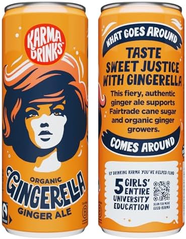 Karma Drinks Gingerella Ginger Ale (250ml x 24 Cans Soft Drink), Organic, Gluten Free Ginger Drink, Natural Ingredients, FairTrade, Vegan Friendly, No GMO, Carbonated Fizzy Drinks 24 Pack