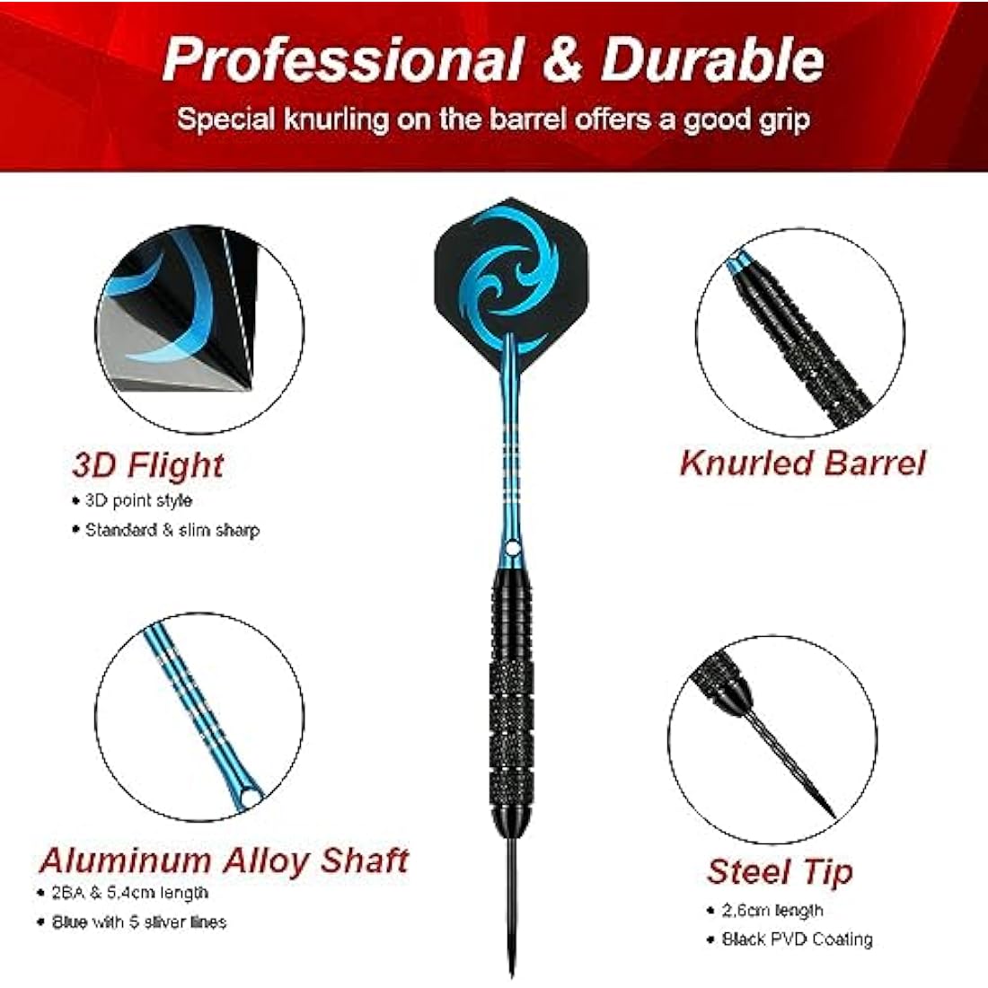 flintronic 6 Pack Steel Darts Set,Professional 22g/23g/24g Darts Tip with Non-slip Stainless Steel Shaft,4 Style Poly Flights,PVC Shafts,Dart Sharpener,Rubber Rings,Flight Protecter