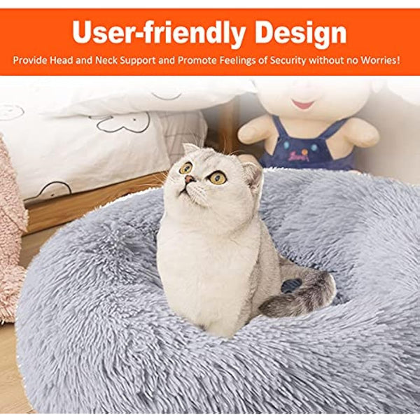 FireOwl Calming Dog Bed - Large 70cm Donut Bed, Anti-Anxiety, Plush Cuddler, Machine Washable, Light Grey