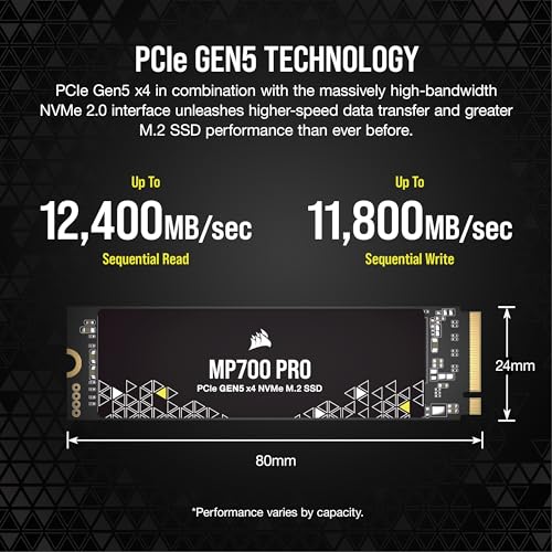 Corsair MP700 PRO 2TB M.2 PCIe Gen5 x4 NVMe 2.0 SSD – M.2 2280 – Up to 12,400MB/sec Sequential Read – High-Density TLC NAND – Black