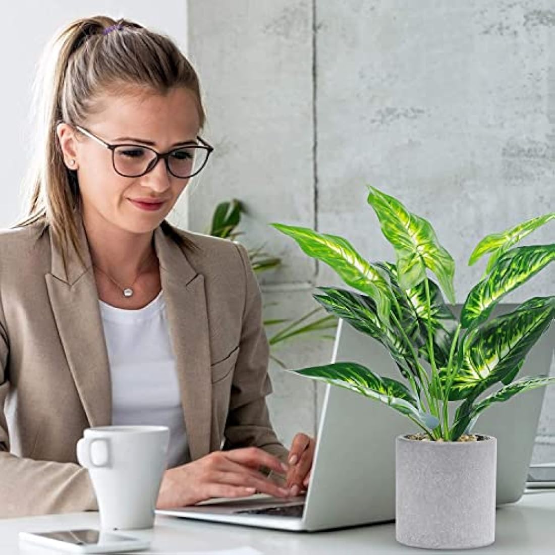 Dremisland 2pcs Fake Plants Artificial Monstera Plants in Pot 16" Tall Artificial Potted Plant with Grey Pot Faux Foliage Greenery Plant for Office Desk Shelf Table Bathroom Bedroom Indoor Décor