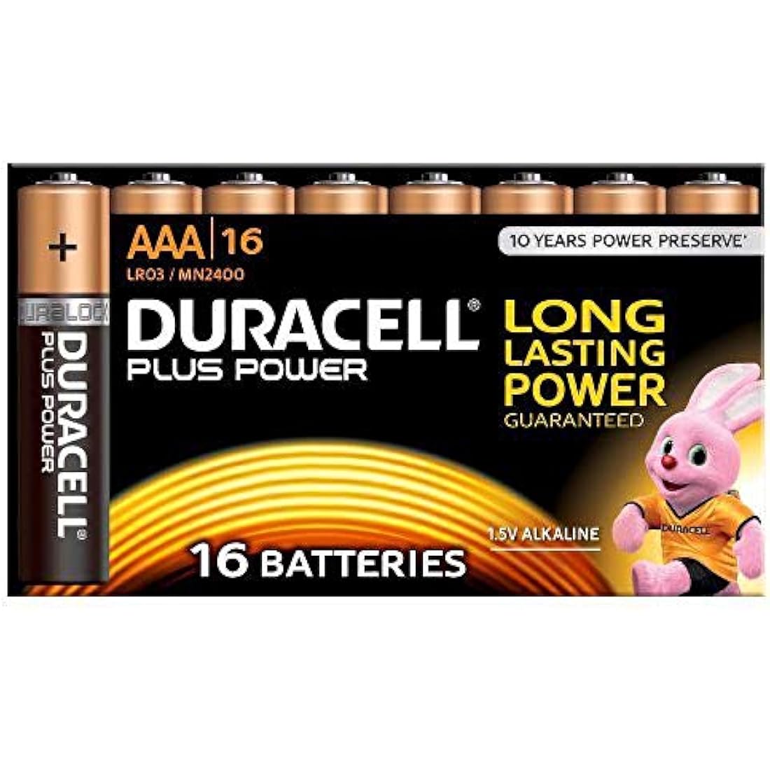 Duracell MN2400 Plus Power Alkaline AAA Size Batteries, 16 Batteries, black