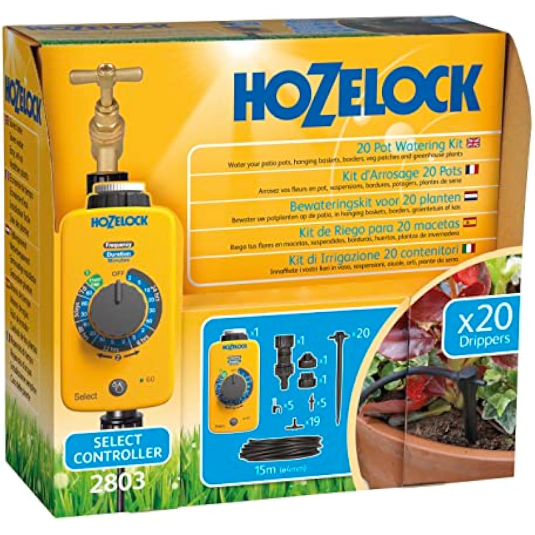 HOZELOCK - Drip Watering Kit 20 Pot : Complete Stand-alone System with Select Controller Programmer, Ideal for Potted Plantsand Window Boxes, for Precise, Water-saving Watering [2803 0000]