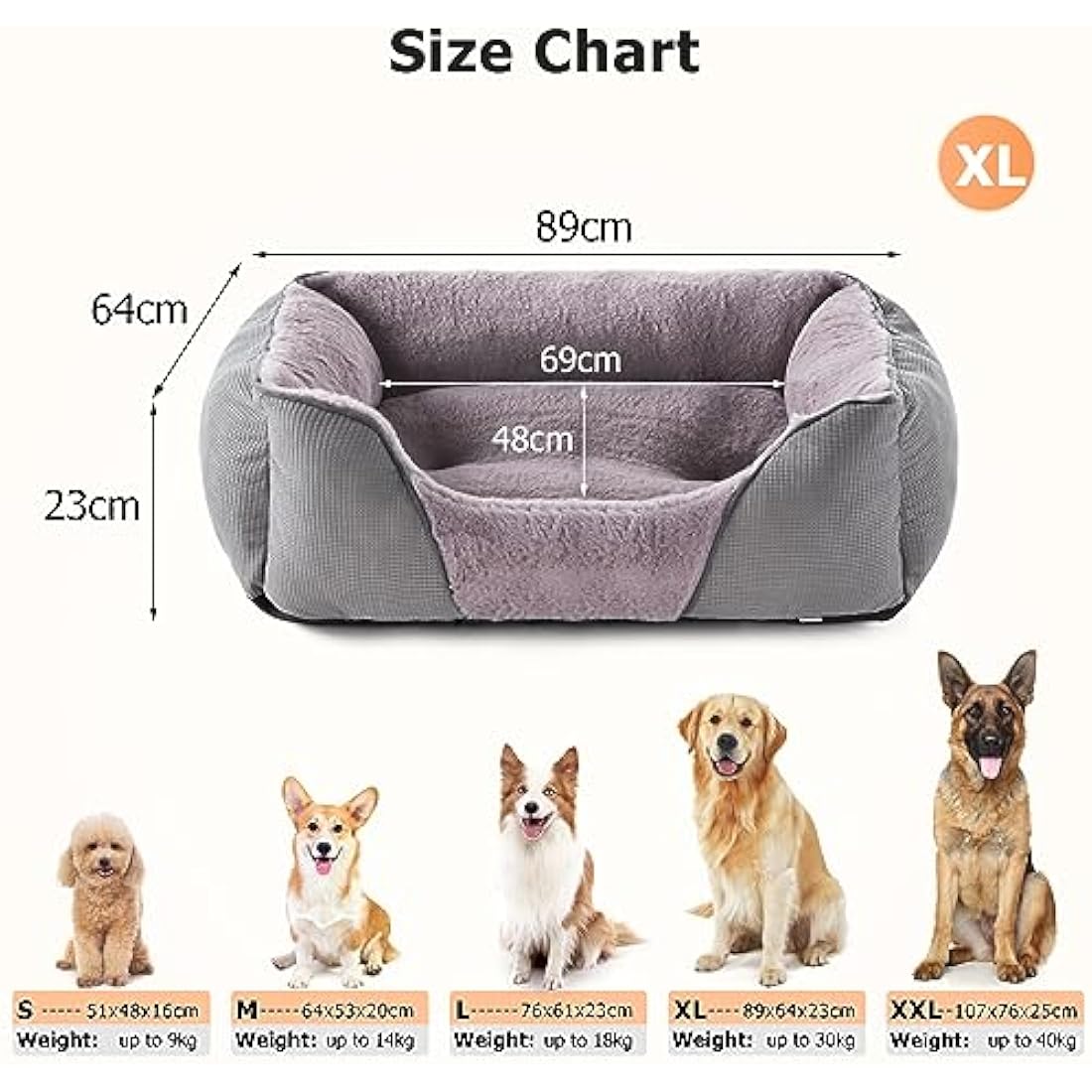 JOEJOY XL Dog Bed Washable Waterproof No Dust No Odor Fluff 89x64x23cm, Extra Large Grey, Dog Beds Extra Large for Labrador/Golden Retriever
