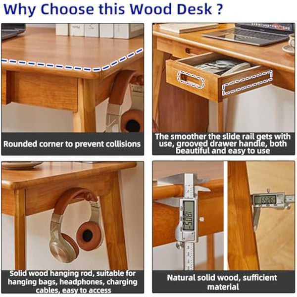Aibiju Wood Writing Desk with Drawer and Hanging Rod, Small Computer Desk Table, 39x20x30inch Work Desk, Study Desk, Small Wooden Dining Table Cherry Wood Color YD-WD01N