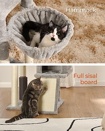 FourFurPets Indoor Cat Scratching Post 156 cm with Sisal Stairs, 2 Platforms, 2 Caves, Hammock, Caves, Plush Balls, Light Grey