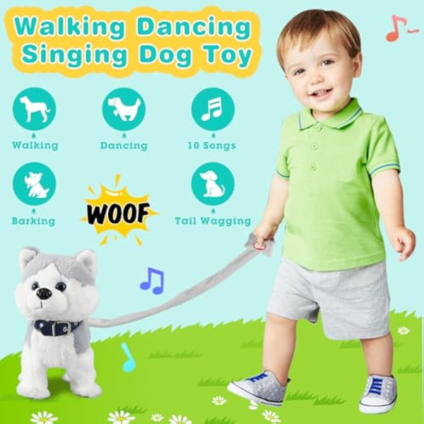 Marsjoy Husky Walking and Barking Puppy Dog Toy with Control Leash,Realistic Wagging Tail Robot Interactive Musical Dancing Animated Plush Stuffed Animal Electronic Pet for Kids Toddlers