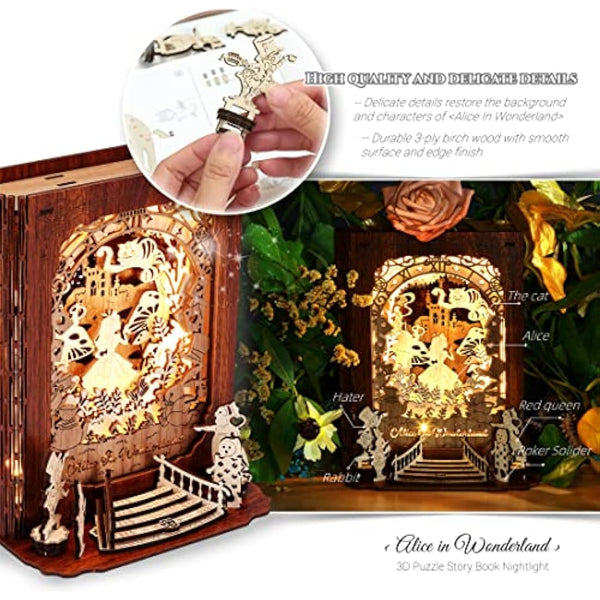 FUNPOLA Alice in Wonderland 3D Puzzle Nightlight – DIY 3D LED Book Lamp – 3D Wood Puzzles Décor Lamp for Kids and Adults