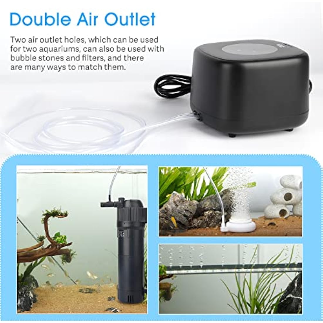 hygger Aquarium Air Pump,Ultra Silent Fish Tank Air Pump for Aquarium with 2 Air Outlets, 5W High Energy Saving 4 Speed Airflow Adjustable Oxygen Pump for Fish Tank Up to 1100 Liter