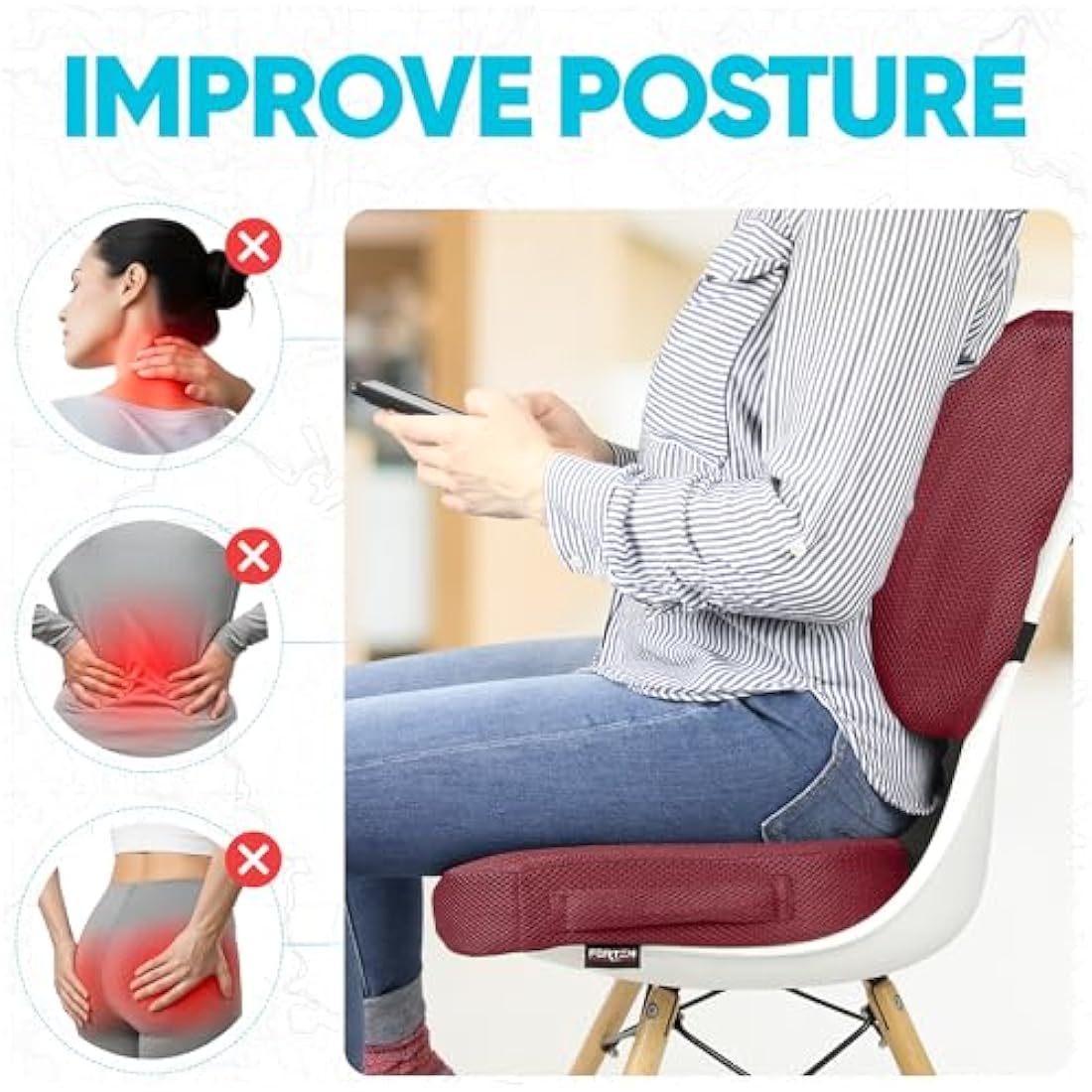 FORTEM Office Chair Cushion and Back Support for Office Chair, Lumbar Support Pillow, Memory Foam, Non Slip Sitting and Back Rest for Gaming, Car Seat Cushion, Chair Pad