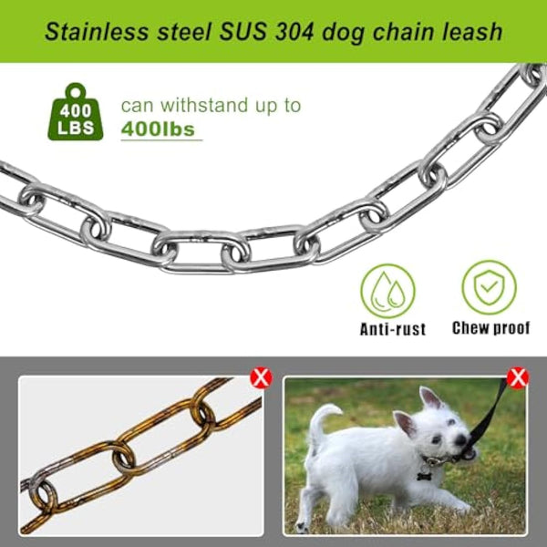 Dog Tie Out Chains and Stake, 15ft Chew Proof Stainless Steel Dog Chains for Outside, 15" Heavy Duty Dog Anchor for Dogs Up to 125lbs, Fully Welded, No Tangle, Ideal for Yard and Camping