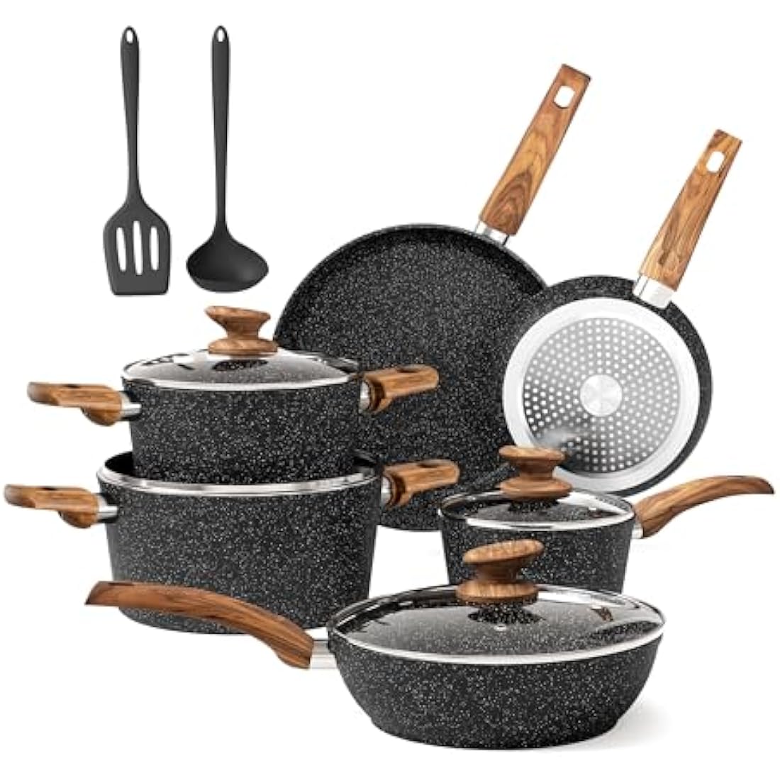 DishDelight 12 Piece Non-Stick Pots and Pans Set, Nonstick Induction Granite-Coated Cookware Set, Nonstick Saucepan Set, Black