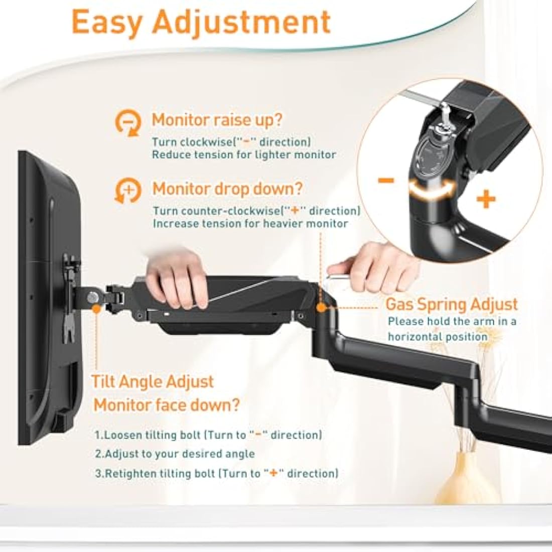 ELIVED Triple Monitor Arms - Adjustable Gas Powered Desk Mount for 3 Monitors - 13-27 Inch, VESA 75x75/100x100, C-Clamp and Grommet Base