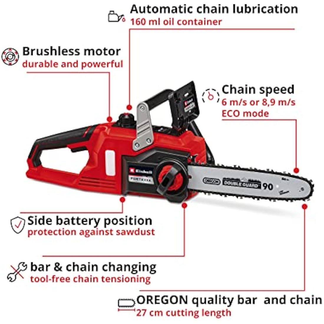 Einhell Power X-Change 18V Cordless Chainsaw | 14 Inch (30cm) OREGON Bar and Blade Chain, Tool-Free Tensioning, Kickback Protection | FORTEXXA 18/30 Solo - Battery And Charger Not Included