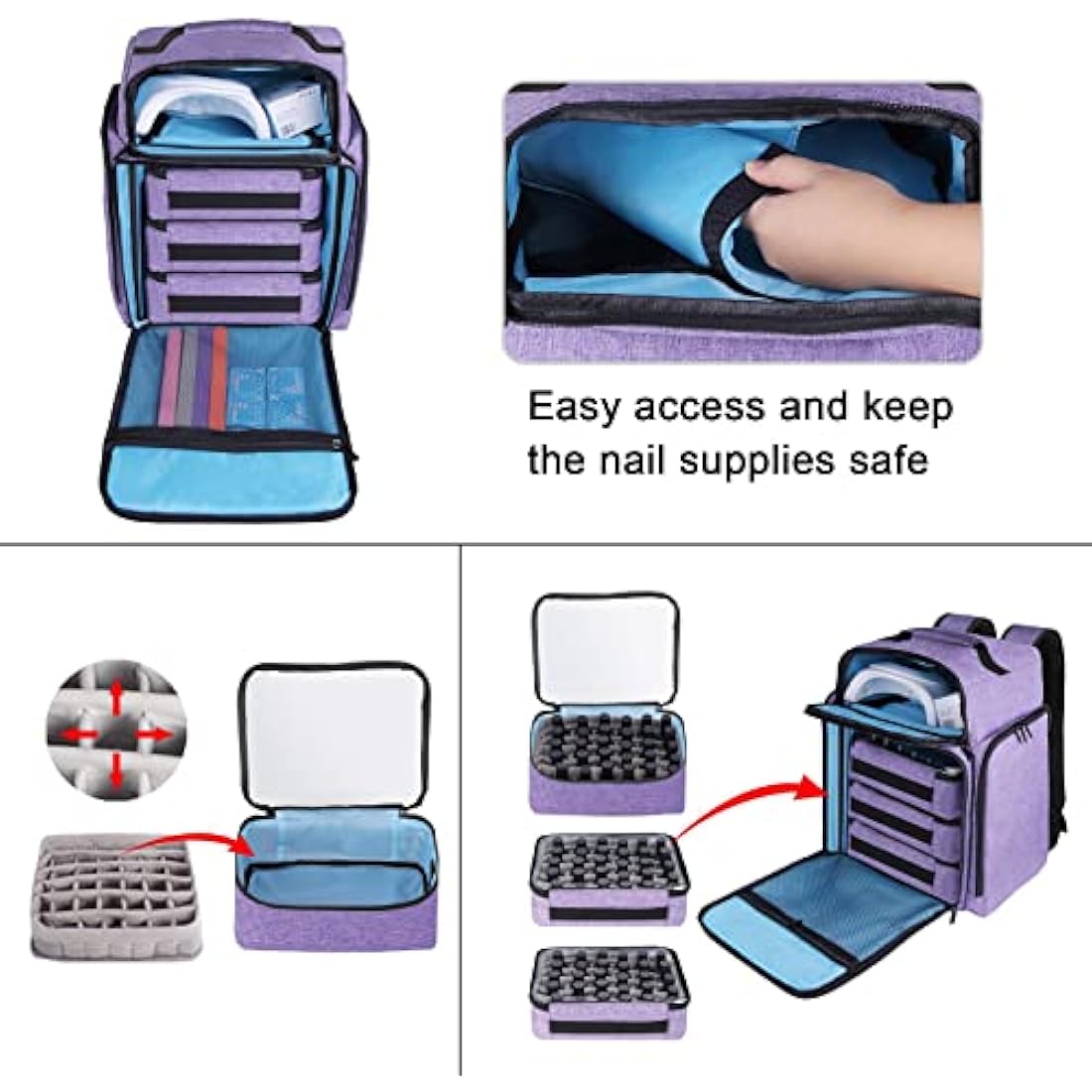 Famard Nail Polish Organiser Backpack - Holds 108 Bottles(15ml - 0.5 fl.oz) and 1 Nail Lamp, with 3 Removable Storage Case for Nail Varnish Tech