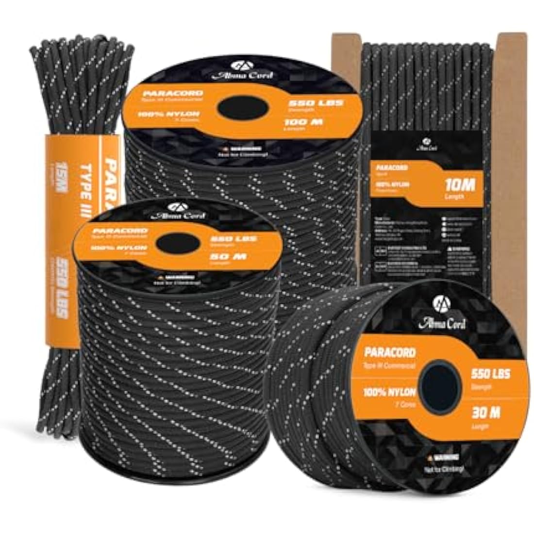Abma Cord Paracord 550 4mm 10m 100% Nylon Rope Type III 7 Strands Parachute Cord for DIY, Camping, Survival, Outdoor - Max. 250kg - Reflective Black
