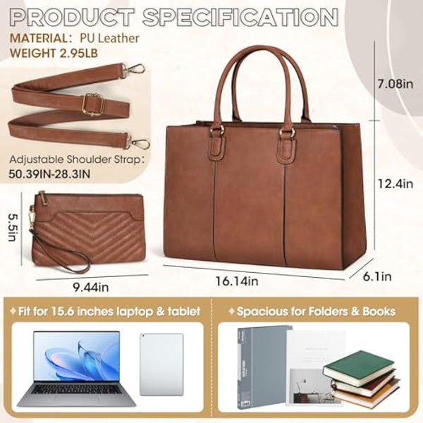 NEWHEY Laptop Bag for Women 15.6 Inch Large Work Tote Bag with Clutch Bag Designer PU Leather Briefcase Ladies Handbag with Laptop Pocket Messenger Shoulder Bag for School Office Travel Business