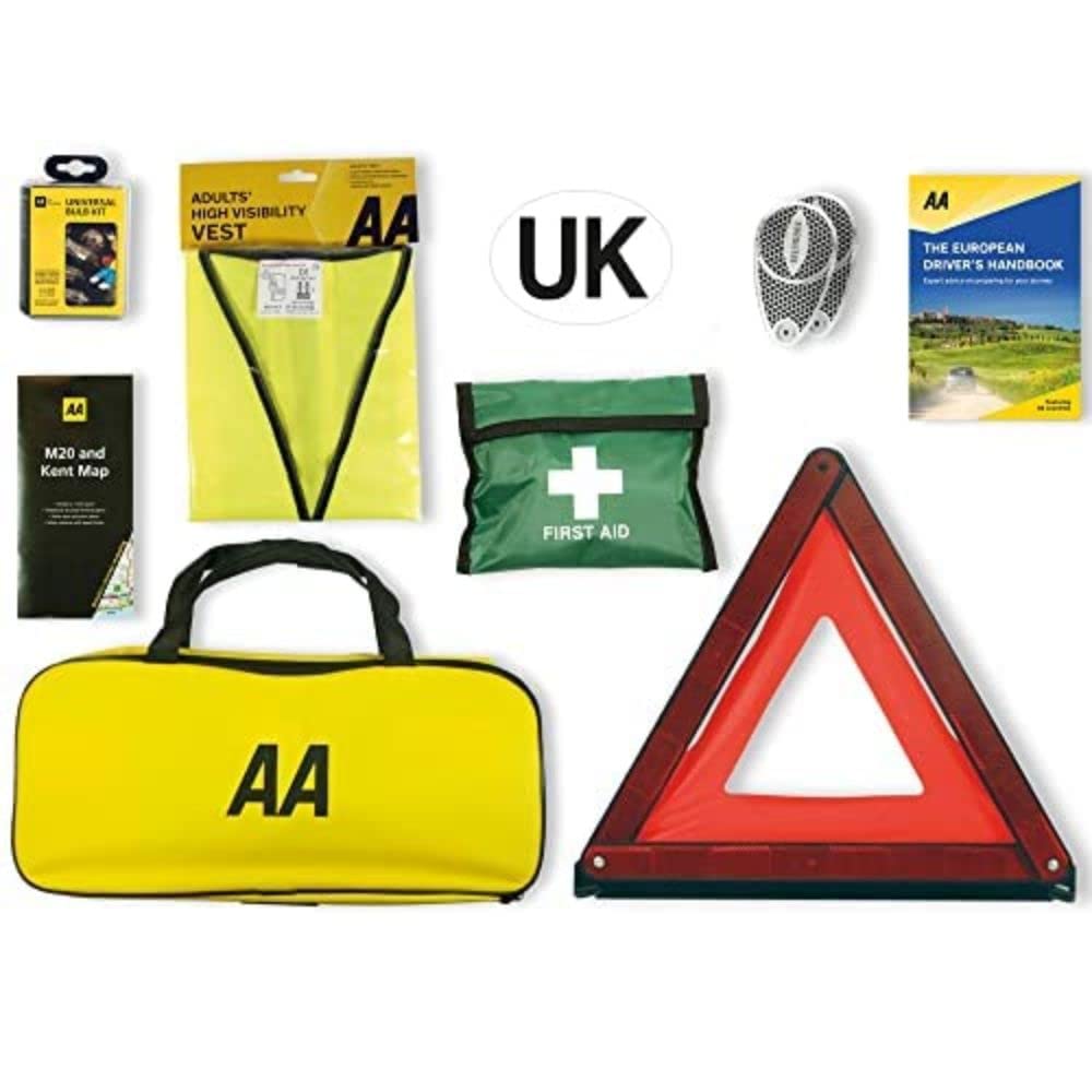 AA Vehicle Breakdown Safety Kit Plus AA5618 – Tyre Inflator, Warning Triangle, Tow Rope, Hi-Vis Vest, Torch, Glass Hammer, Booster Cables, Storage Bag