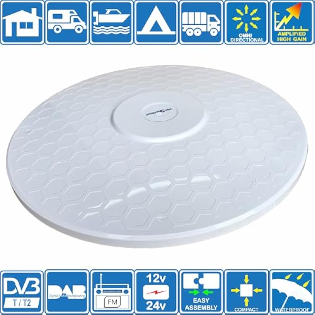 HELIO - Omnidirectional Amplified Digital HD TV Aerial Antenna 33dB High Gain Booster. Freeview UHF FM DAB. 12V / 24V ideal for Motorhome HGV Truck Caravan Boat Camping by Unispectra® (Magnet)