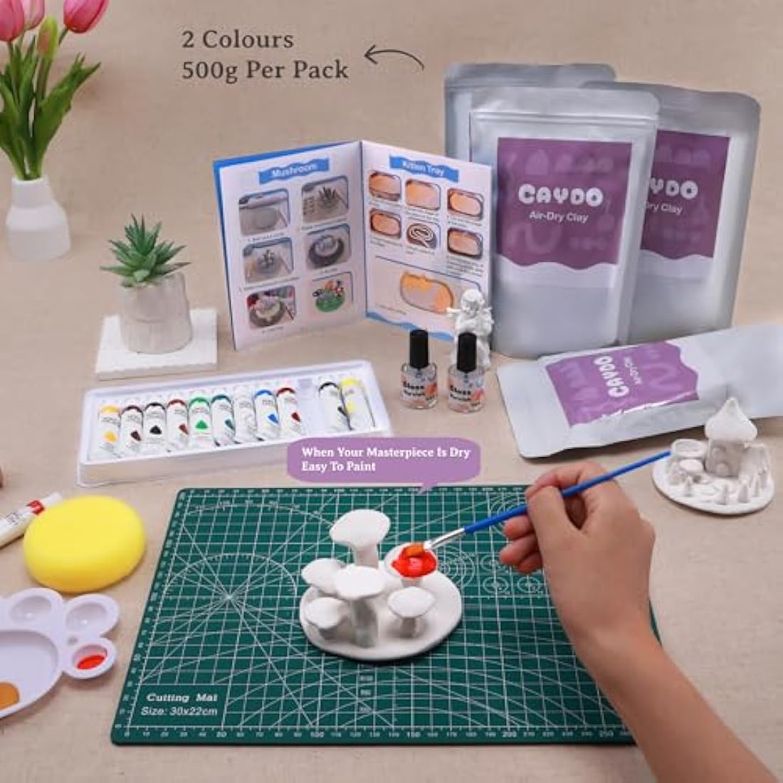 Caydo 2KG Air Dry Clay Pottery Kit for Beginners and Adults - DIY Craft Set with 5 Pottery Template Kit, Tools, Acrylic Paints, Varnish and Step-by-Step Guide - Ideal for Ceramic Kit and Gift