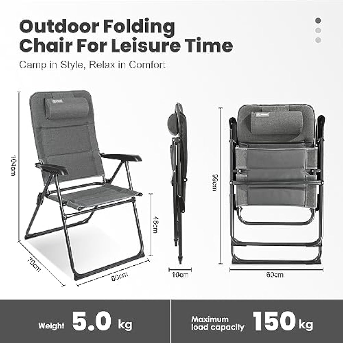 Homecall 30023 Folding garden camping chair with Olefin fabric UV protection water proof sponge padded grey backrest adjustable, 104.0 cm*70.0 cm*60.0 cm