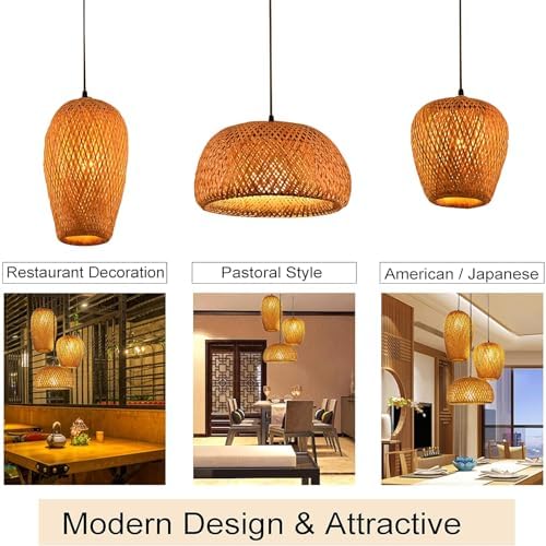 GCQ Bamboo Light Fixtures, 3 Headlights E26 E27 Retro Rustic Bamboo Wicker Rattan Chandelier Ceiling Hanging Light for Living Room Bedroom Farmhouse Restaurant Cafe Teahouse Bar Dining Room Club