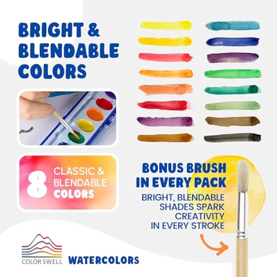 6 Set Watercolour Paint Pack with Wood Brushes 8 Colours Washable Water Colours Perfect for Kids Adults Parties Students Classroom Bulk by Color Swell