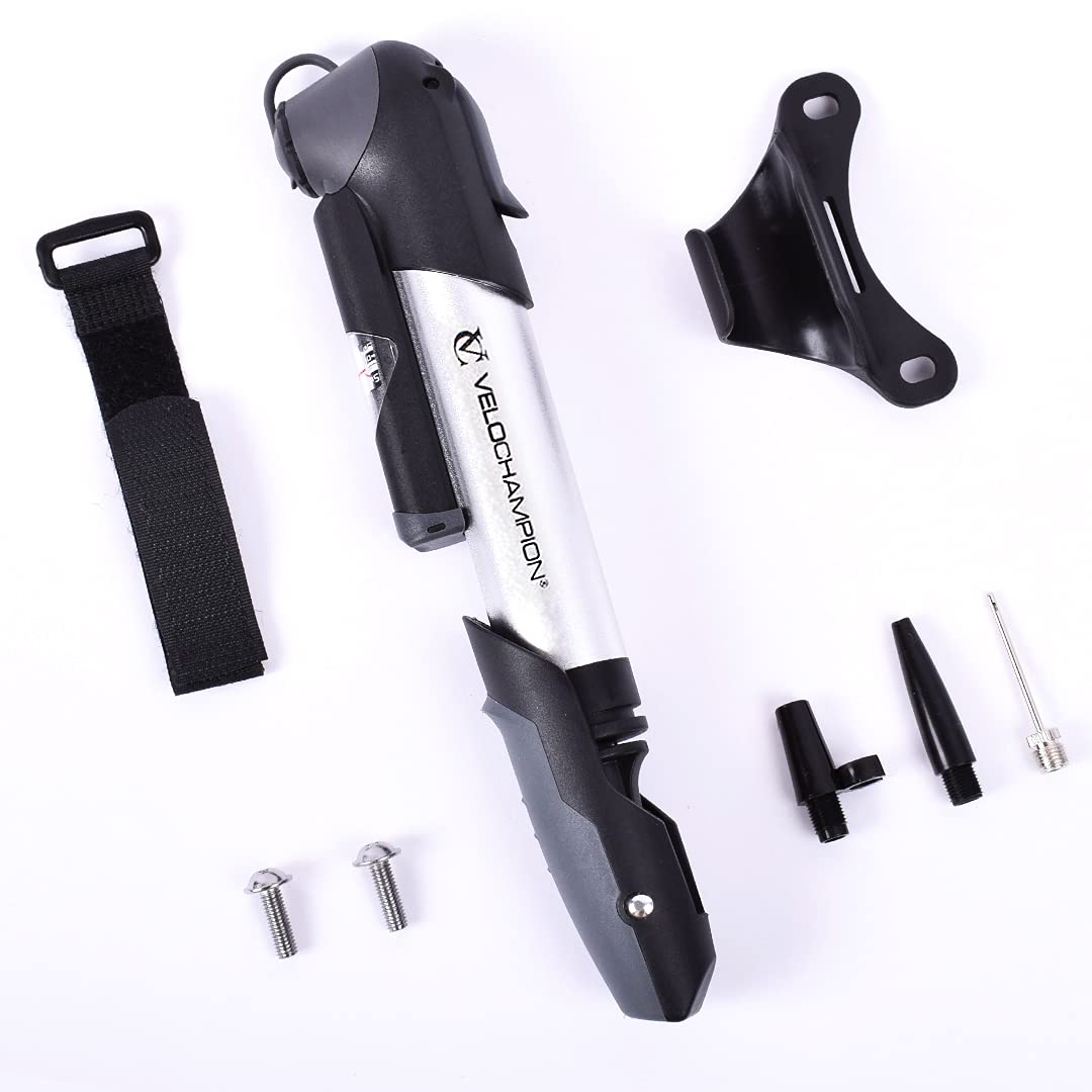 VeloChampion Mini Bicycle Pump with Frame Mount. Portable Alloy Pump For Presta, Schrader and Dunlop Valves. Suitable for All Bikes - Road, Mountain & BMX