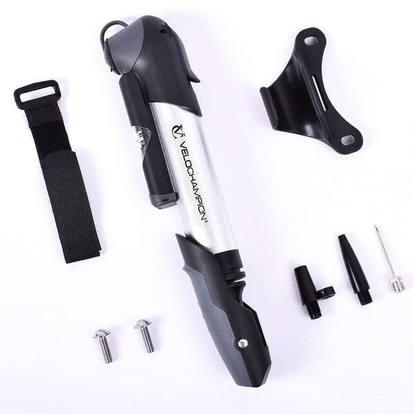 VeloChampion Mini Bicycle Pump with Frame Mount. Portable Alloy Pump For Presta, Schrader and Dunlop Valves. Suitable for All Bikes - Road, Mountain & BMX