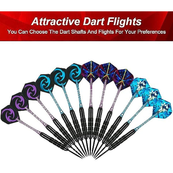 flintronic 6 Pack Steel Darts Set,Professional 22g/23g/24g Darts Tip with Non-slip Stainless Steel Shaft,4 Style Poly Flights,PVC Shafts,Dart Sharpener,Rubber Rings,Flight Protecter