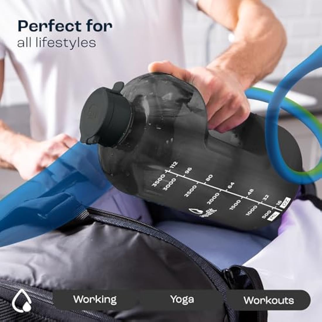 AQUAFIT 4 Litre Water Bottle with Straw - Water Bottle 4L with Time Marker - One Gallon Big Bottle with Straw - Large Bottle For Gym - 2 Lids, Grey Fade