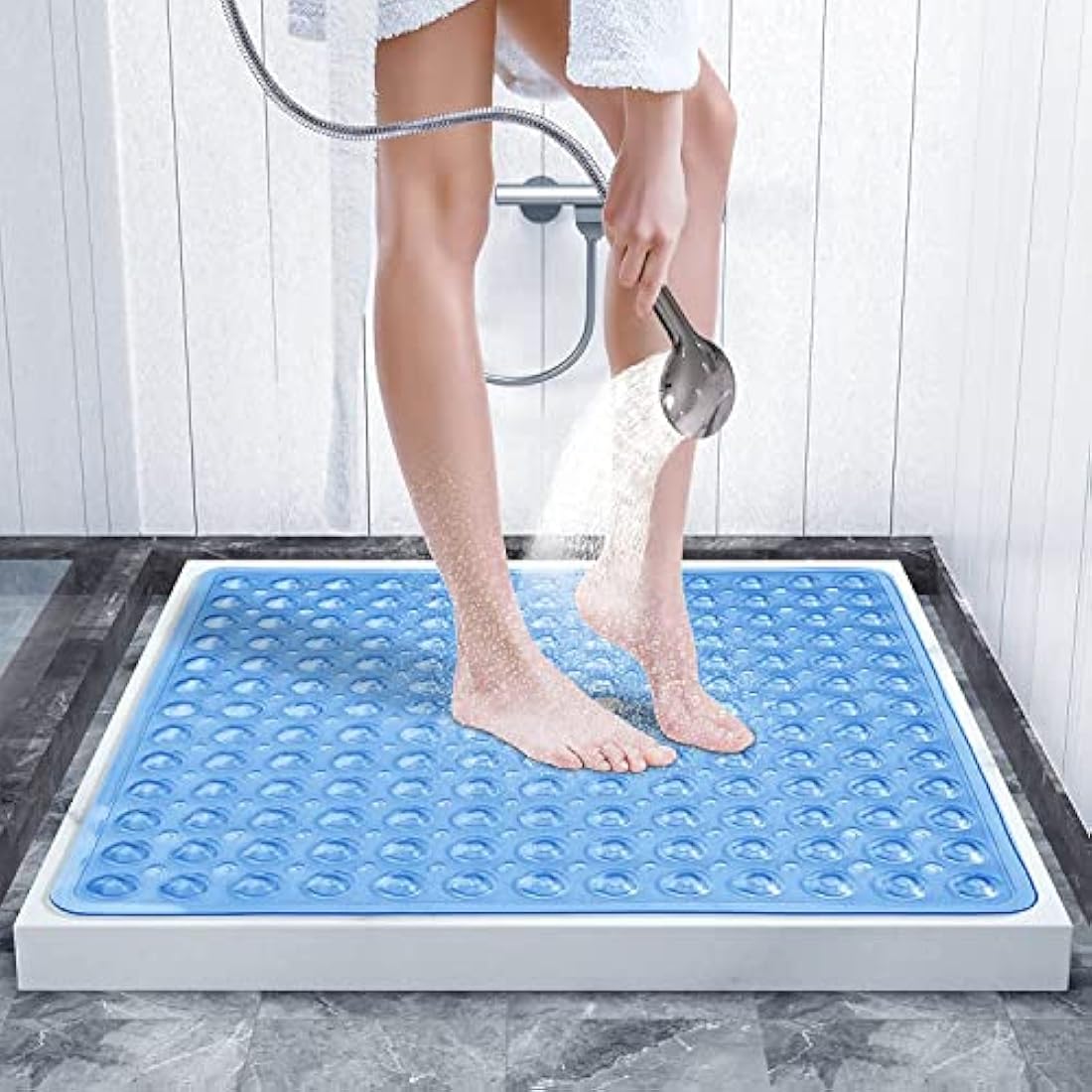 MOONLIGHT20015 Square Shower Mat Non Slip Anti Mould - 53x53cm Rubber Bath Mat PVC Shower Mats for Inside Shower with Strong Suction Cups Grip and Drain Holes - Soft Touch Machine Washable (Blue)
