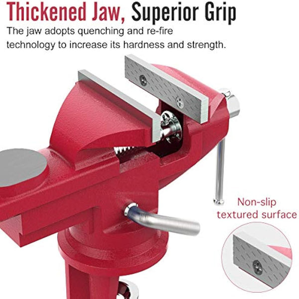 Housolution Universal Table Vise 3 Inch, 360°Swivel Base Bench Clamp Home Vise Clamp-On Vise Repair Tool Portable Work Bench Vise for Woodworking, Cutting Conduit, Drilling, Metalworking - Red