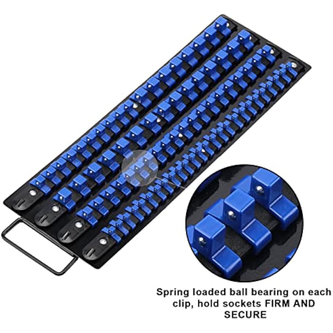 CASOMAN 80-Piece Heavy Duty Socket Organizer Tray, 1/4-Inch, 3/8-Inch, 1/2-Inch,Premium Quality Socket Holders,Black Rails with Blue Clips, Best Unique Tool Gift for Men
