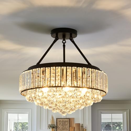 EOPSPYI 6-Lights Modern Crystal Chandelier Black Metal Semi Flush Mount Ceiling Light Fitting Round Ceiling Light for Dining Room Living Room Bedroom Bathroom Kitchen