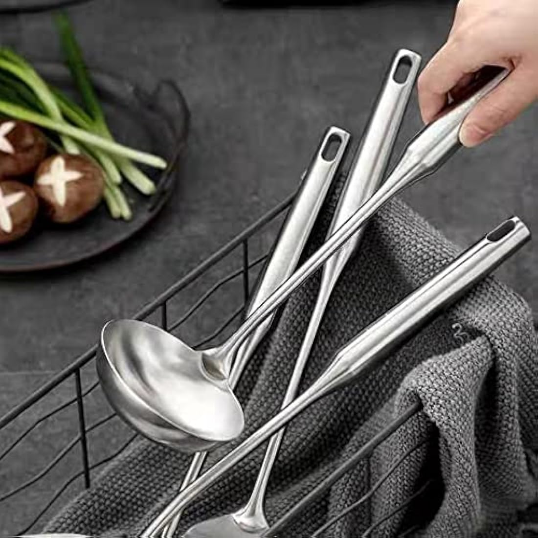 304 18/8 Stainless Steel Kitchen Utensils Set 6 Pcs 38cm Long Cooking Utensil, Spatula, Soup Spoon, Leaking Shovel, Turner, Pasta Server Kitchen Tools Set