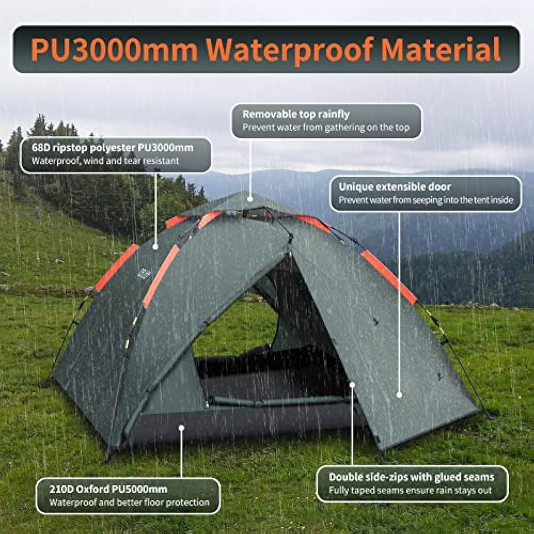 Cflity Camping Tent, 3 Man Instant Pop Up Tent Waterproof Three Layer Automatic Dome Tent, Large Lightweight 4 Seasons Tent, Backpacking Tent with Removable Rain-Fly 2 Extensible Porch for Camping