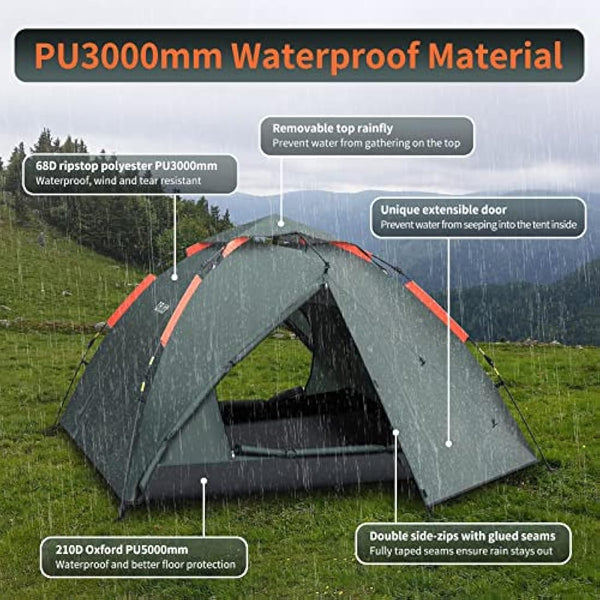 Cflity Camping Tent, 3 Man Instant Pop Up Tent Waterproof Three Layer Automatic Dome Tent, Large Lightweight 4 Seasons Tent, Backpacking Tent with Removable Rain-Fly 2 Extensible Porch for Camping