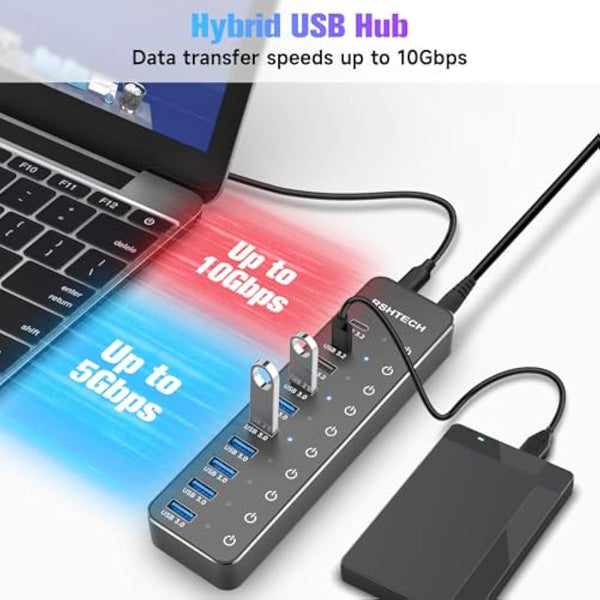 RSHTECH Powered USB-C Hub 3.2, 10-Port USBC Hub with 3x 10Gbps USB 3.2 Data Ports (2C+1A), 7x USB-A 3.0 5Gbps Splitter and 12V/5A (60W) Power Adapter, RSH-ST10C