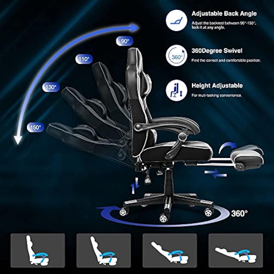 Fullwatt Computer Gaming Chair with Footrest and Adjustable Arms Reclining Swivel Chair, Desk Chair High Back with PU Leather for Home Office, white