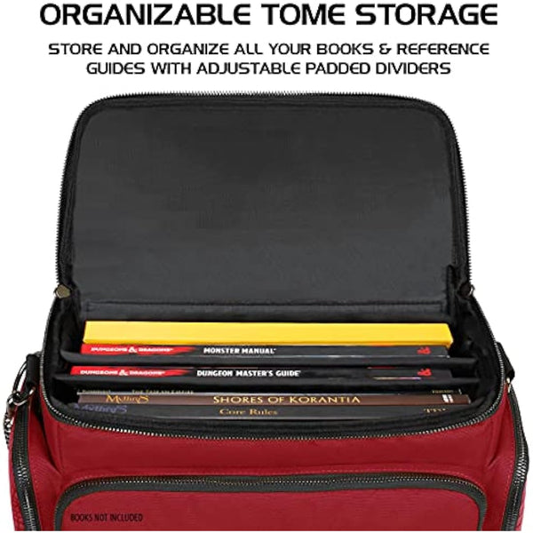 ENHANCE Collector's Edition RPG Adventurer's DND Bag - Dragon Hide Exterior Travel RPG Bag with Tabletop Miniatures Storage Vault, Mat Holder, DND Dice & Token Pockets, Fits 4-8 Books (Dragon Red)