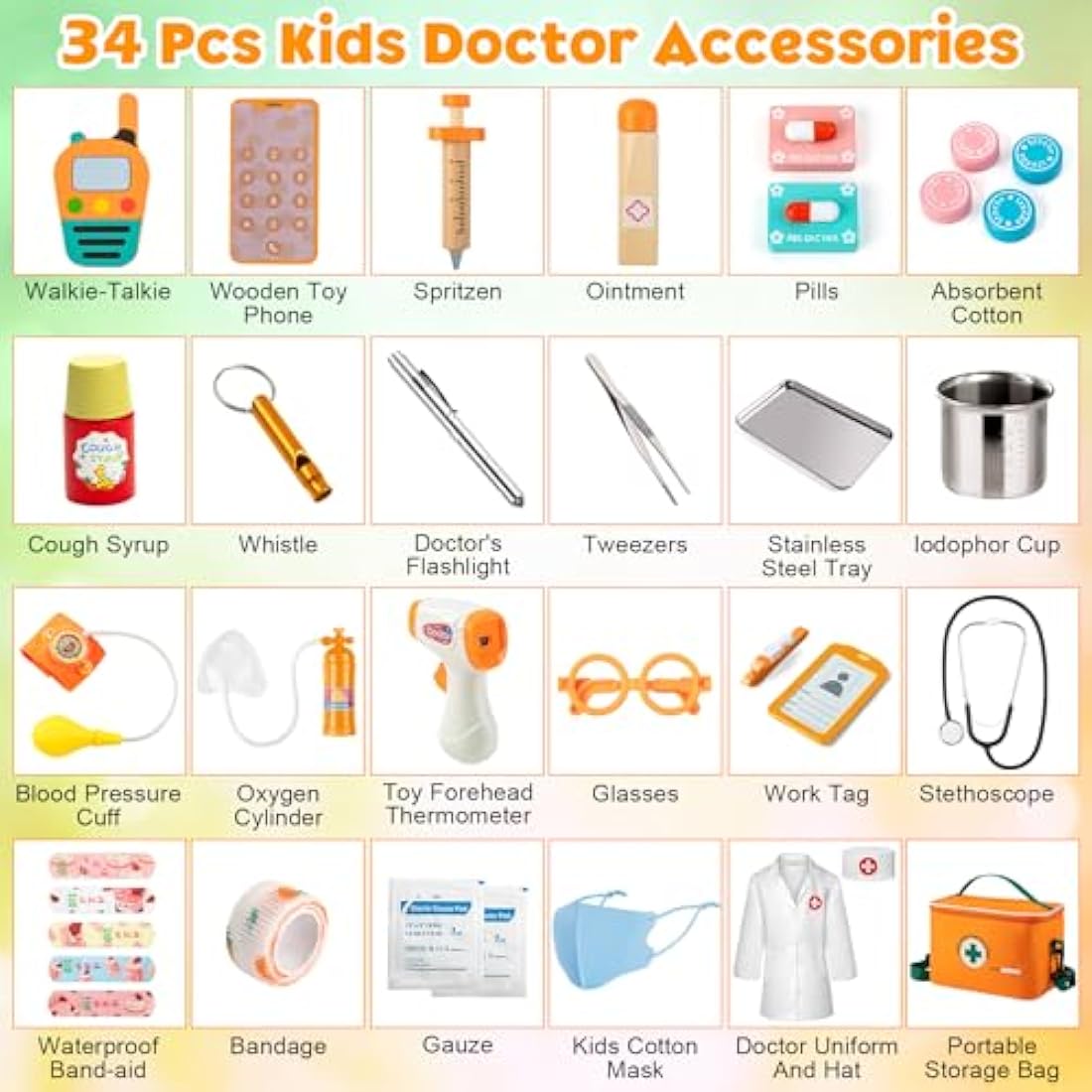 EFO SHM Doctors Set for Kids, Wooden 34-piece Kids Doctors Kit, with Real Stethoscope Portable Doctors Bag and Wooden Syringe, Role Play Toys for 3 4 5 6 Year Old Girls and Boys