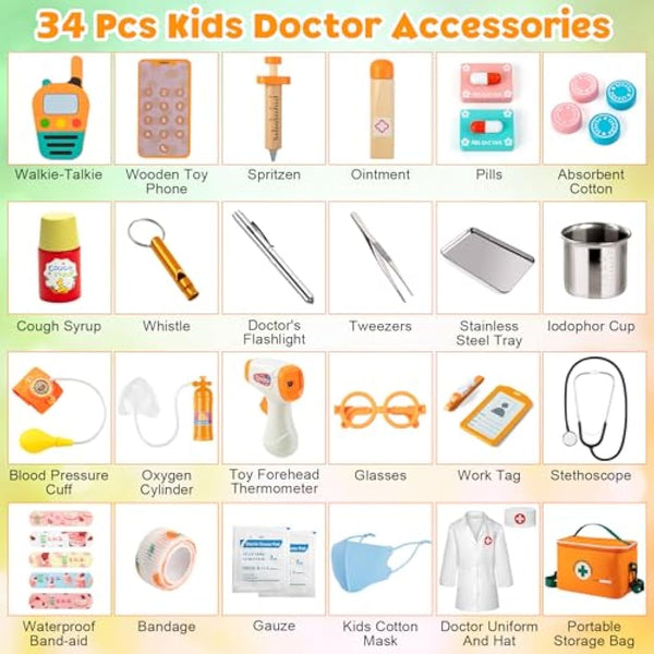 EFO SHM Doctors Set for Kids, Wooden 34-piece Kids Doctors Kit, with Real Stethoscope Portable Doctors Bag and Wooden Syringe, Role Play Toys for 3 4 5 6 Year Old Girls and Boys