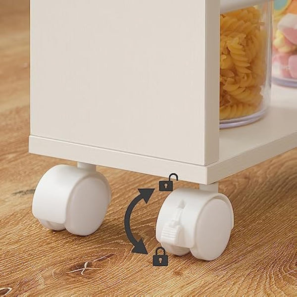 HOOBRO Slim Storage Trolley, Narrow Kitchen Cart, Slide Out Kitchen Trolley on Wheels, 4-Tier Rolling Utility Cart with Handle, for Small Space, Bathroom, Living Room, White and Natural EWN15TC01