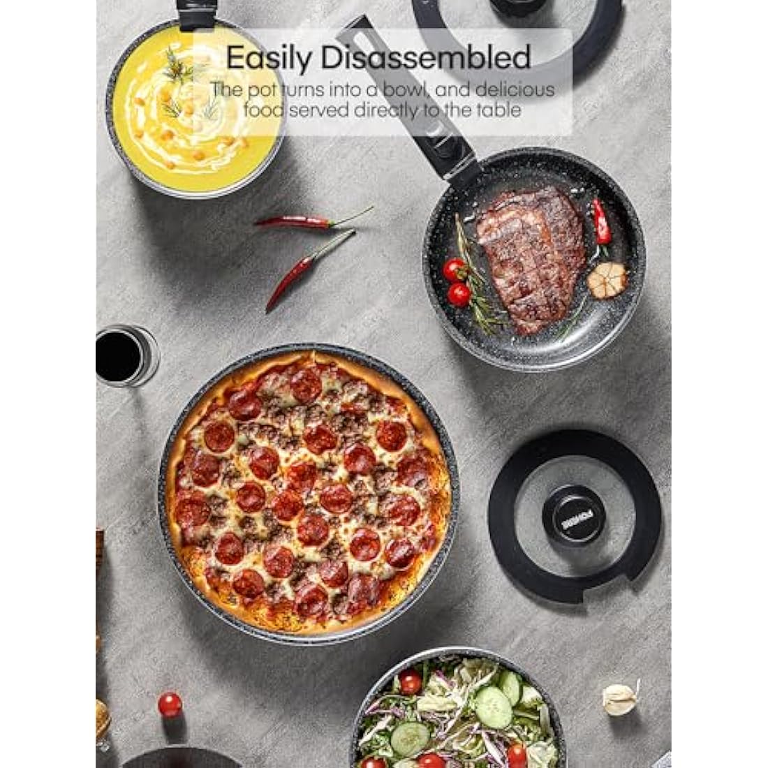 FOHERE Pots and Pans Set Nonstick, 8 Piece, with 2 Detachable Handles and 2 Lids, Induction Kitchen Cookware Set for All Stoves, Oven Safe, Saucepan and Frying Pan, RV Cookware, Aluminum