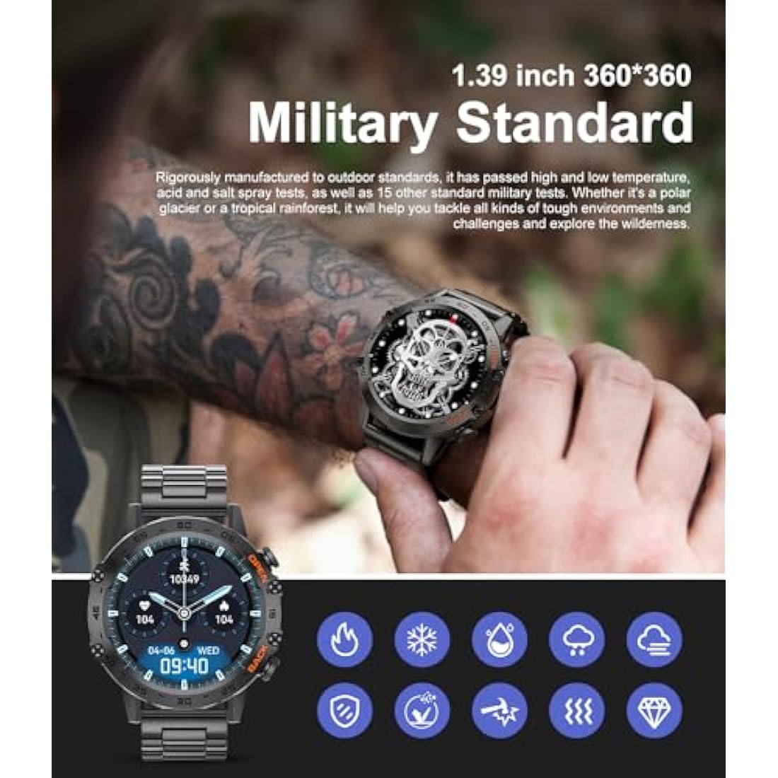 FEELNEVER Smart Watch for Men with Wireless Call Function, Military Smartwatch with Heart Rate SpO2 Blood Pressure Sleep Monitor, IP67 Waterproof Tactical Fitness Watch for Android iPhone Phone, Black