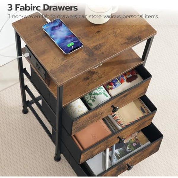 HOOBRO Bedside Table with Charging Station, End Table with 3 Fabric Drawers, Sofa Side Table with USB Ports and Socket, Nightstand for Bedroom, Living Room, Rustic Brown and Black EBF403KBZ01